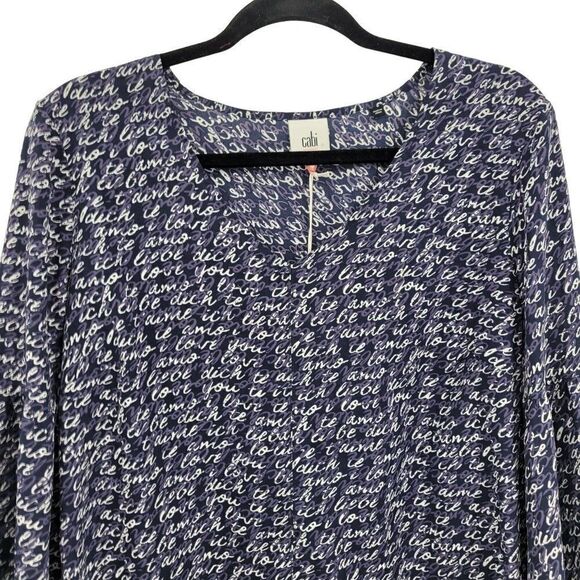 Cabi Long Sleeve Blouse M Blue Te Amo Spell Out Puff Statement Sleeve Pull Over - Picture 7 of 14